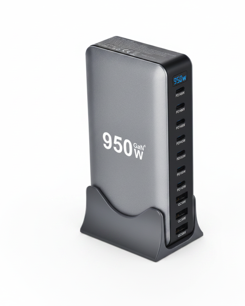 The charging station shown with its integrated plug and full USB port row