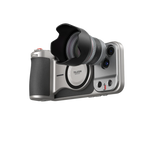 The camera grip in silver and black with the lens and hood fitted, shown three-quarter on