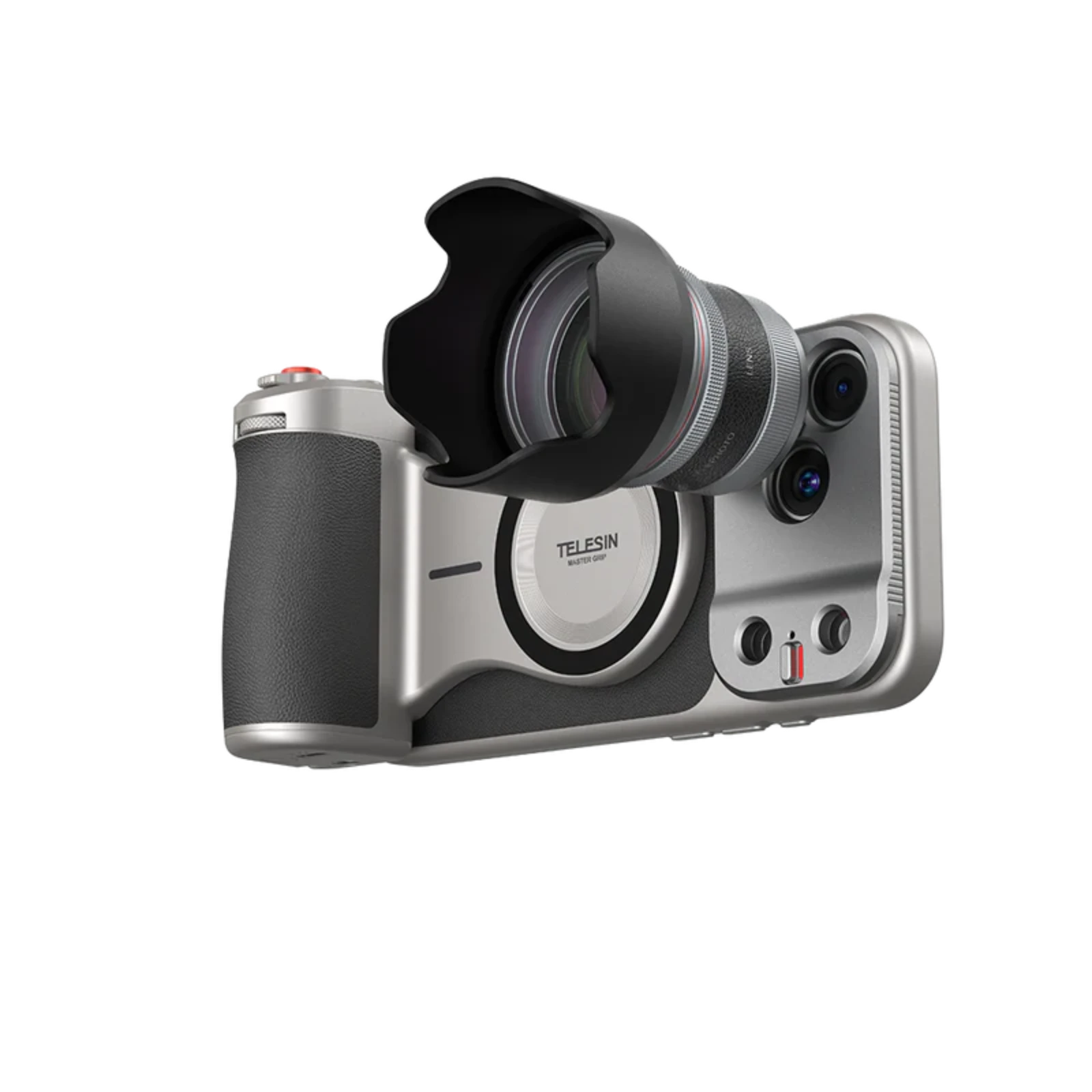 The camera grip in silver and black with the lens and hood fitted, shown three-quarter on