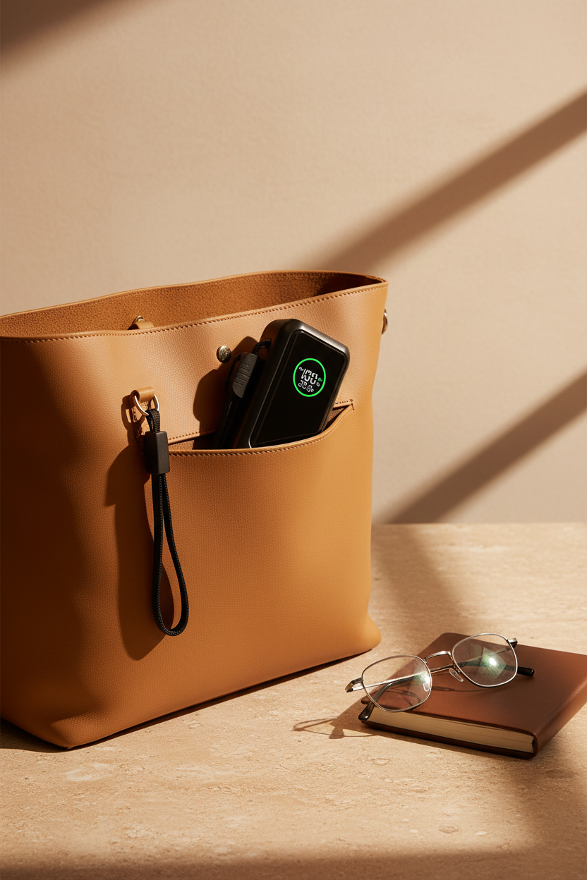 A tan leather tote on a sunlit surface, a phone in its front pocket and a notebook and glasses beside it