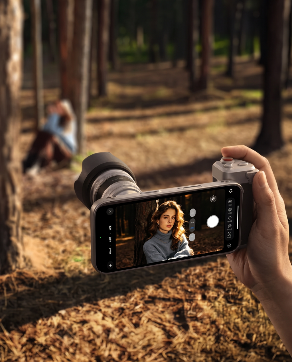 A hand holding the grip and lens in a sunlit forest, a portrait previewed on the screen