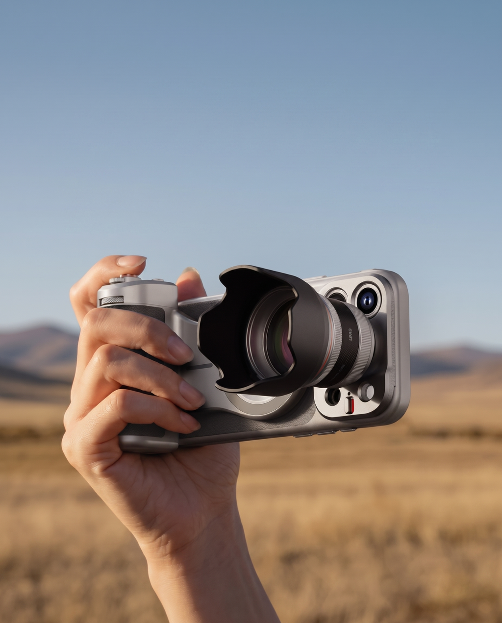 A hand holding the grip and lens outdoors against a blurred field and blue sky