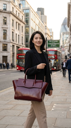 The wine red leather tote carried through a city street, worn with a black blazer and beige trousers
