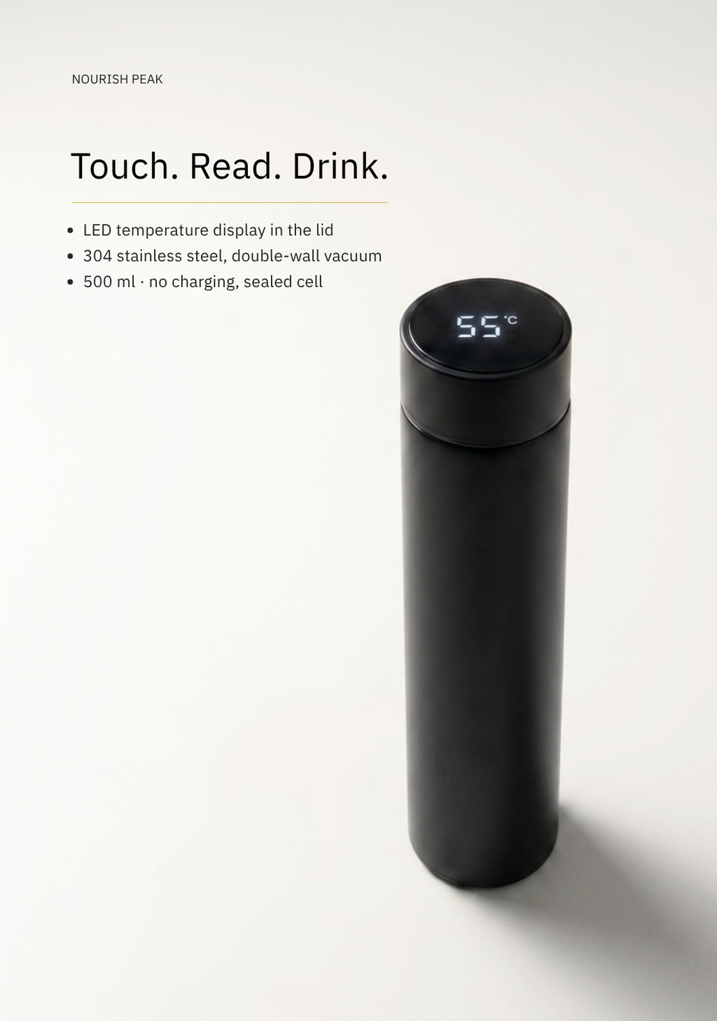 A sleek black vacuum-insulated tumbler with a digital temperature display on its lid, shown on a clean white background with product details text on the left.