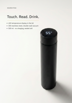 A sleek black vacuum-insulated tumbler with a digital temperature display on its lid, shown on a clean white background with product details text on the left.