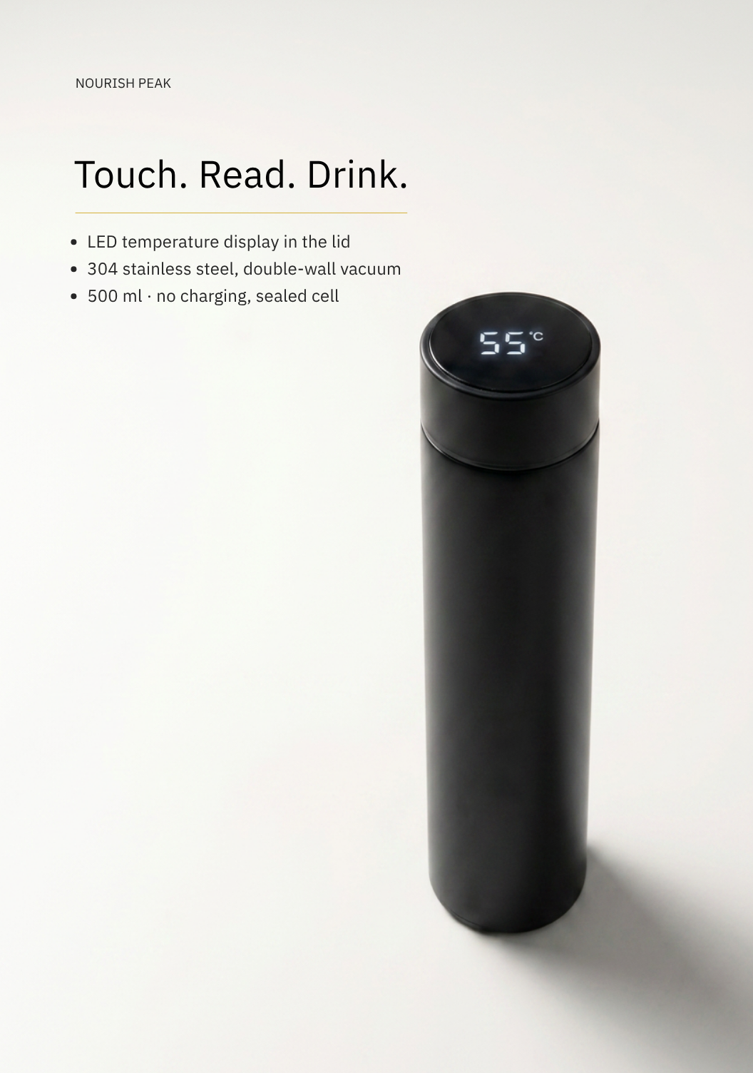 A sleek black vacuum-insulated tumbler with a digital temperature display on its lid, shown on a clean white background with product details text on the left.