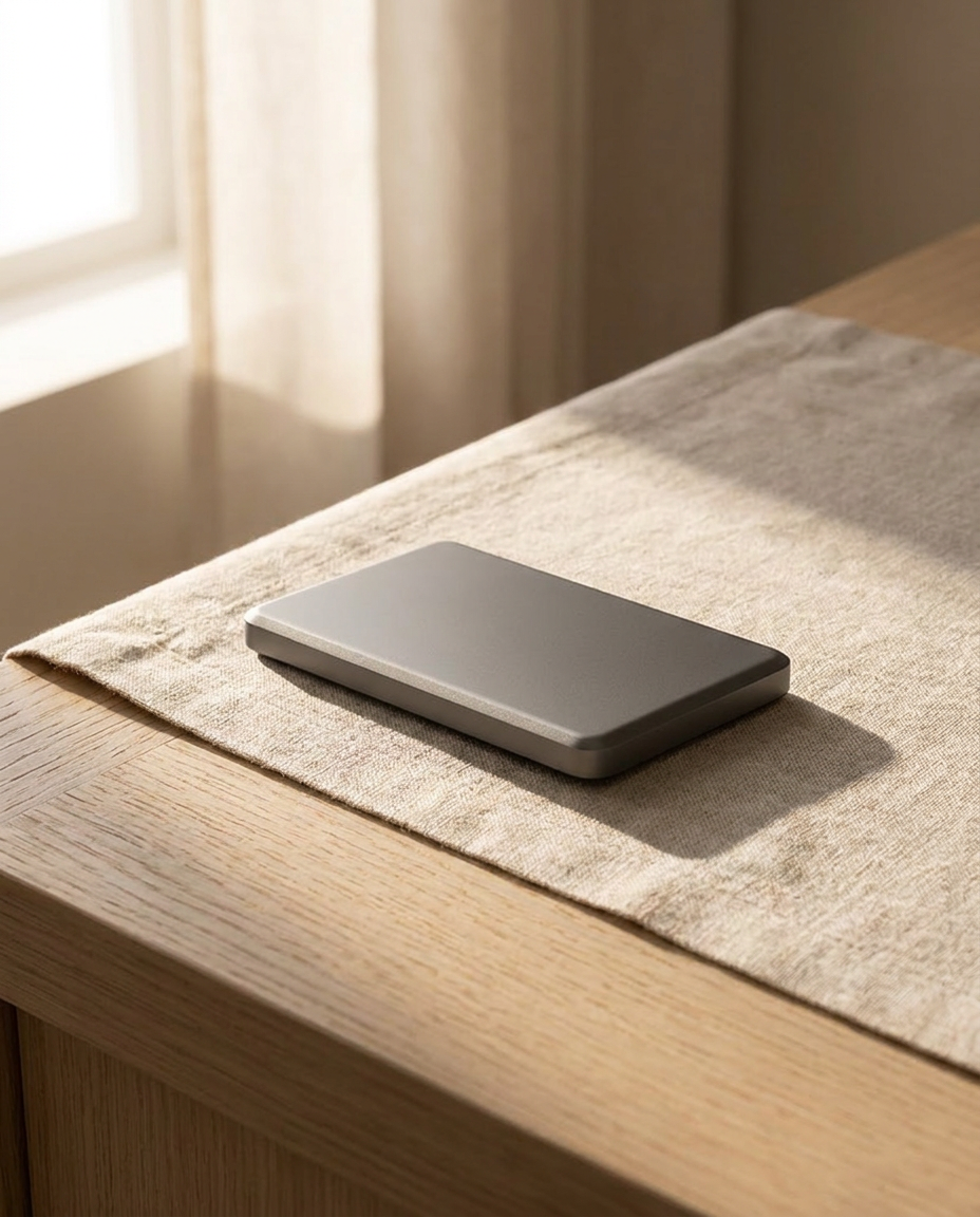 The dark grey power bank resting on textured cloth on a light wood table in soft window light