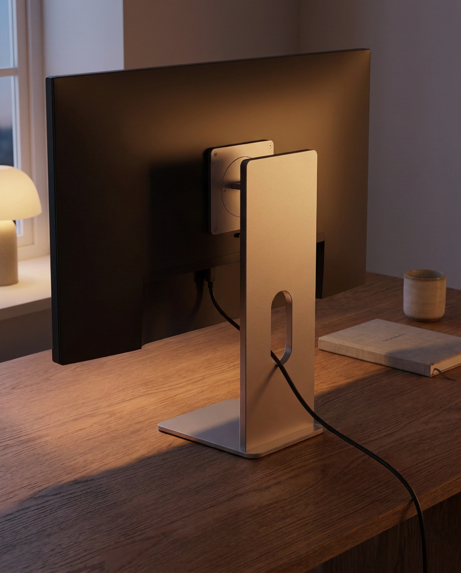 A modern computer monitor with a tall, minimalist metallic stand on a wooden desk in a warmly lit home office setting.