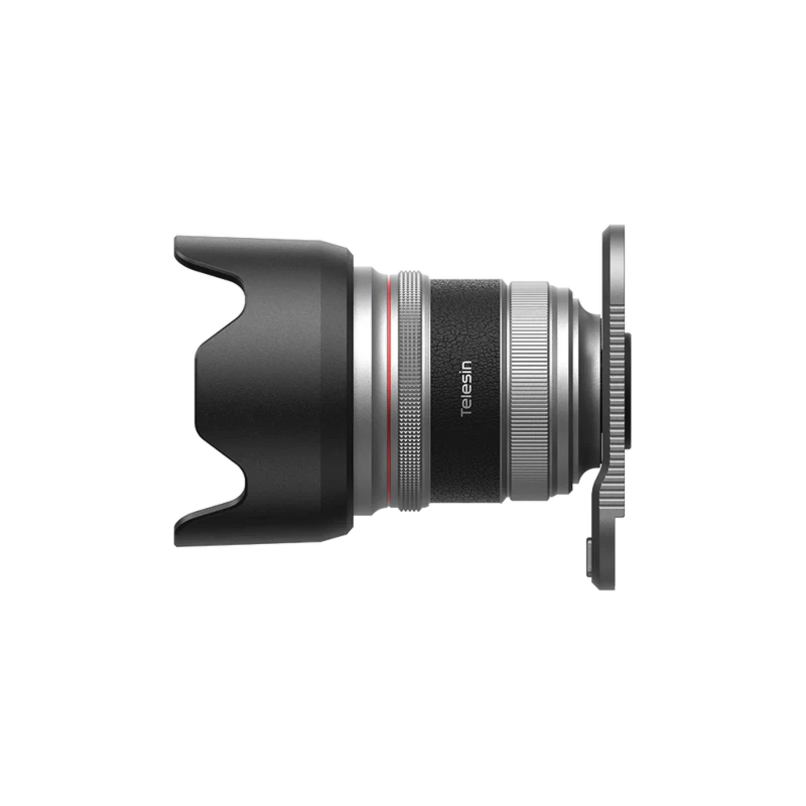 The lens adapter with petal hood and silver rings, shown in side profile