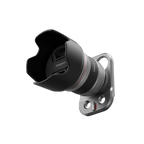 The lens adapter with its black hood and silver metal mount