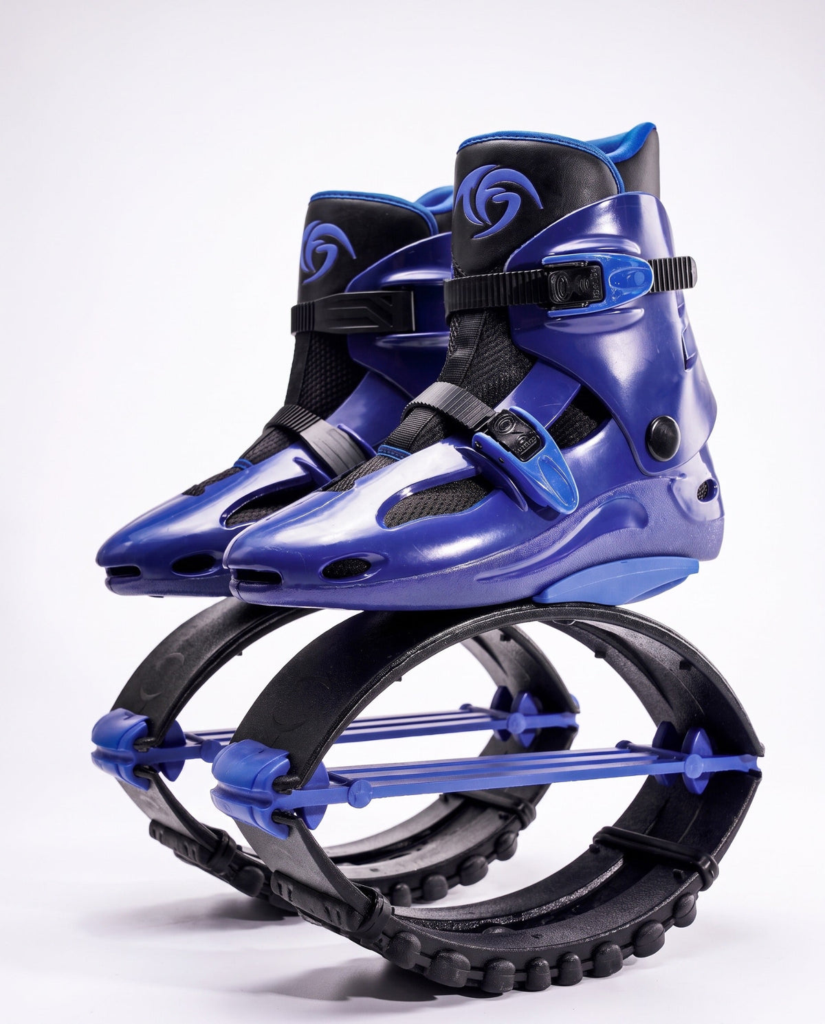 Blue kangaroo bounce jump shoes, spring loaded fitness boots, studio side view
