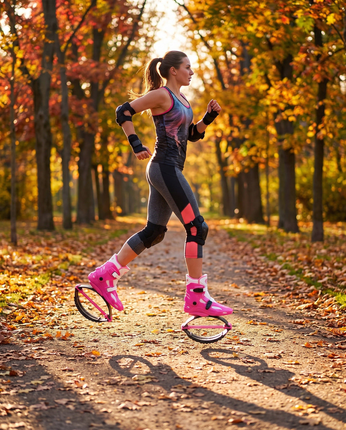 Woman on an autumn park path in hot pink and white bounce jump shoes wearing knee and wrist pads