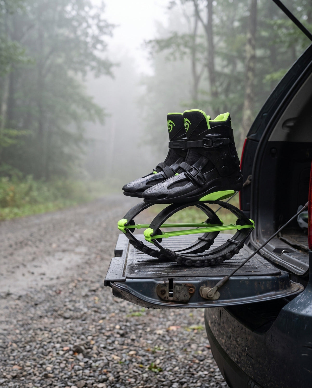 Black and green bounce jump shoes resting on a car tailgate at a misty gravel trailhead