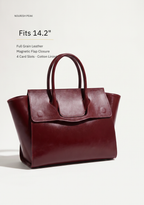 Specification card for the leather tote, listing the flap closure, cotton lining and four card slots