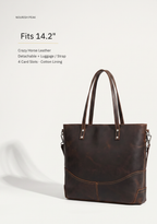 Specification card for the crazy horse leather tote, listing its handles, strap and stitching