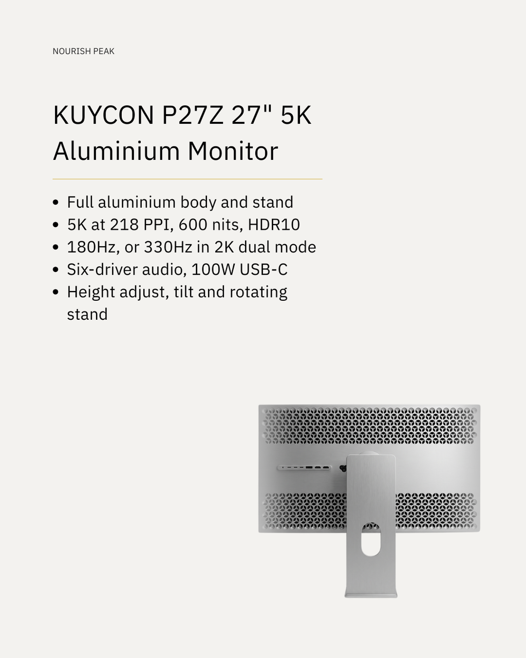 Specification card for the Kuycon P27Z listing resolution, refresh rate, colour and connections
