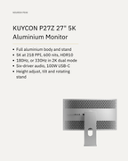 Specification card for the Kuycon P27Z listing resolution, refresh rate, colour and connections