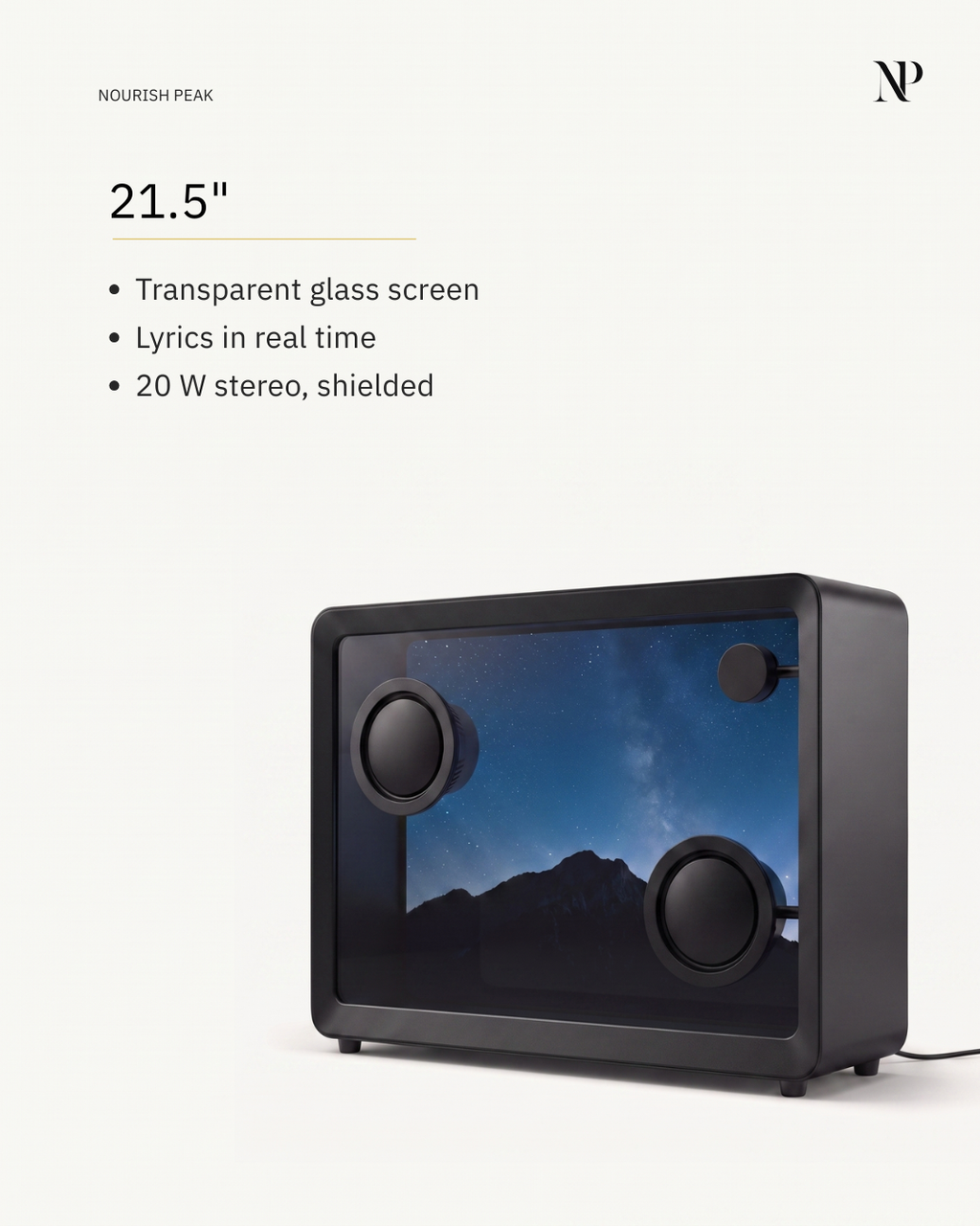 A black rectangular speaker system with a transparent front glass panel showing a night-sky landscape display, on a light beige background with product text and a small NP logo in the upper right.
