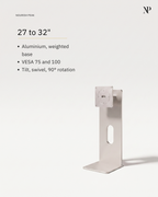 A minimalist white metal stand or bracket with a square top plate, shown on a clean off-white background with product text on the left. The text reads 'NOURISH PEAK' and '27 to 32"' with bullet points about aluminium, weighted base, VESA 75 and 100, and tilt/swivel/90° rotation.