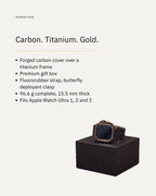 Specification card: forged carbon cover over a titanium frame, fluororubber strap with butterfly deployant clasp, 96.6 g complete, 15.5 mm thick, fits Apple Watch Ultra 1, 2 and 3