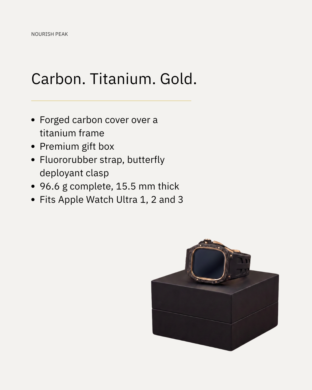 Specification card: forged carbon cover over a titanium frame, fluororubber strap with butterfly deployant clasp, 96.6 g complete, 15.5 mm thick, fits Apple Watch Ultra 1, 2 and 3