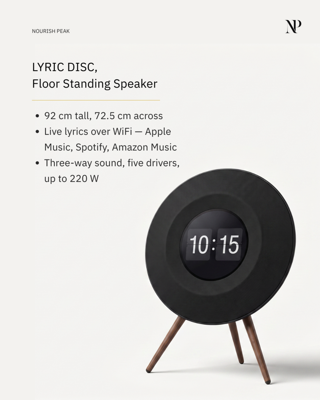 Specification card for the Floating Lyrics Grand, listing size, power output, display and materials for both sizes
