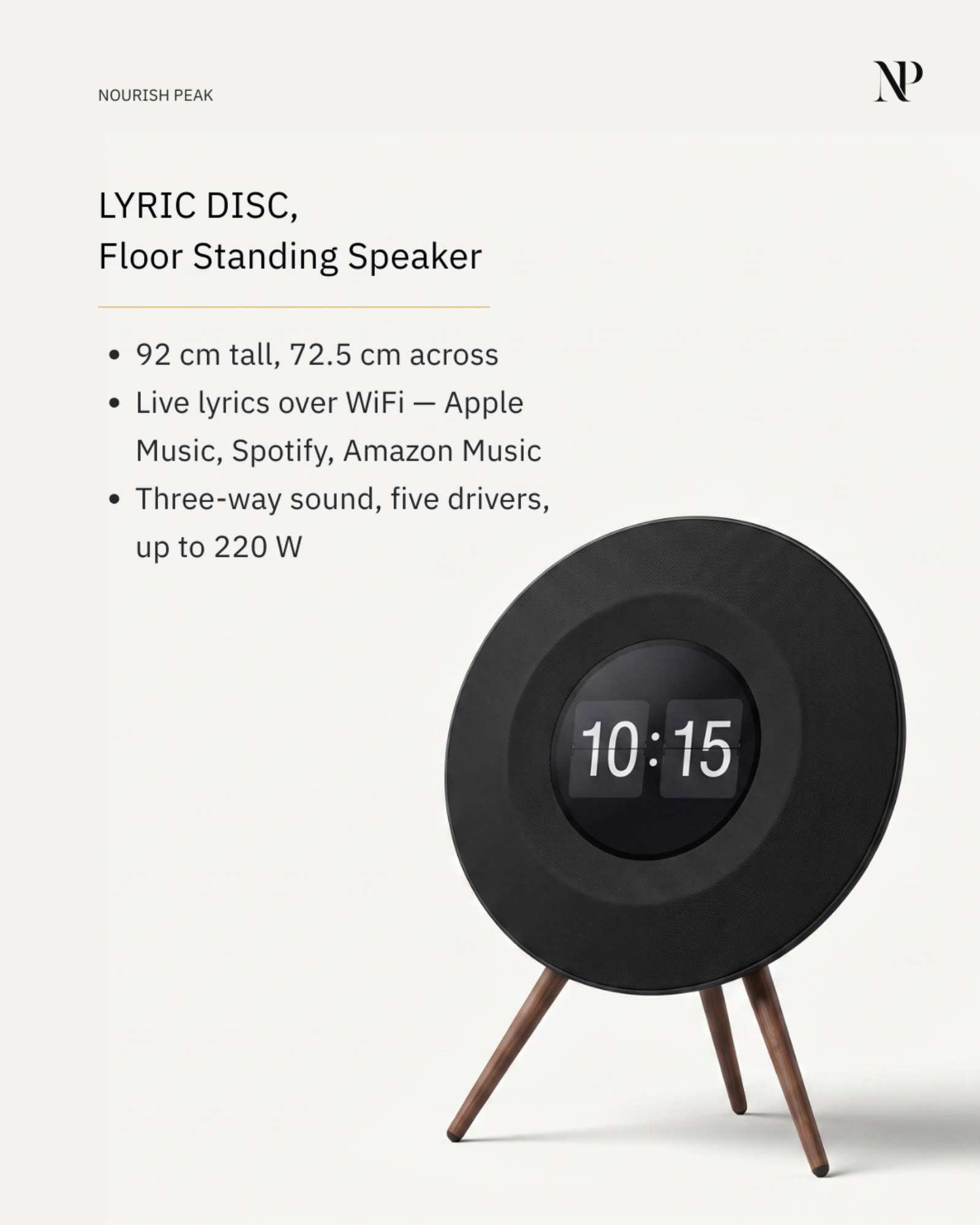 Specification card for the Floating Lyrics Grand, listing size, power output, display and materials for both sizes