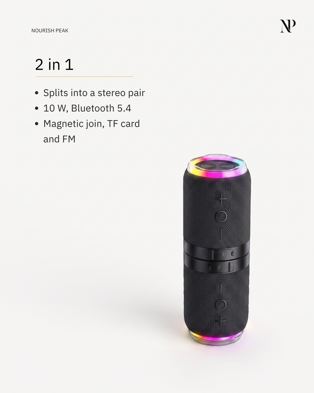 Specification card for the magnetic split speaker, showing the fabric cover and LED rings