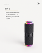 Specification card for the magnetic split speaker, showing the fabric cover and LED rings
