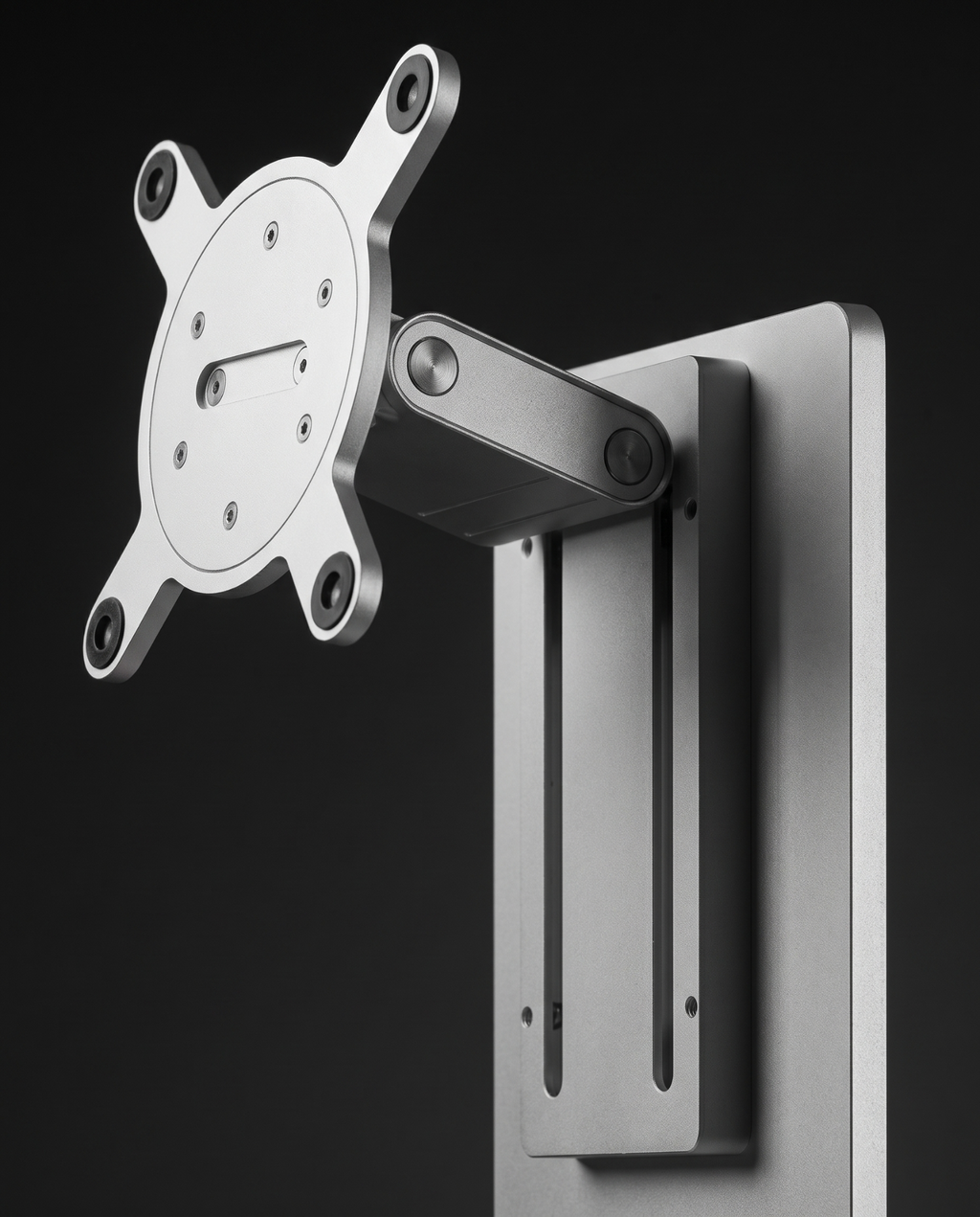 Close-up of the aluminium hinge arm, sliding carriage and VESA 100 x 100 mounting plate