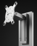Close-up of the aluminium hinge arm, sliding carriage and VESA 100 x 100 mounting plate