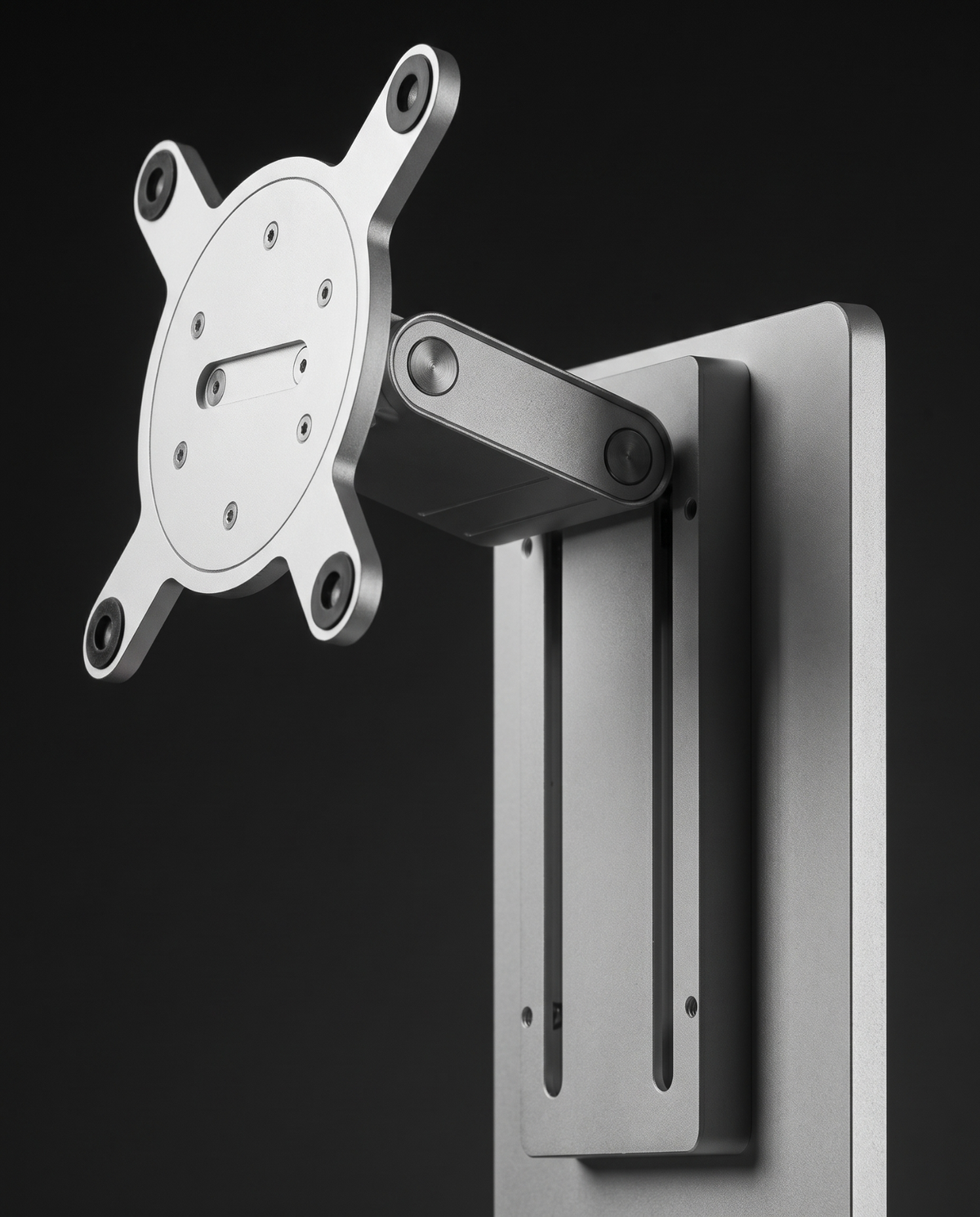 Close-up of the aluminium hinge arm, sliding carriage and VESA 100 x 100 mounting plate
