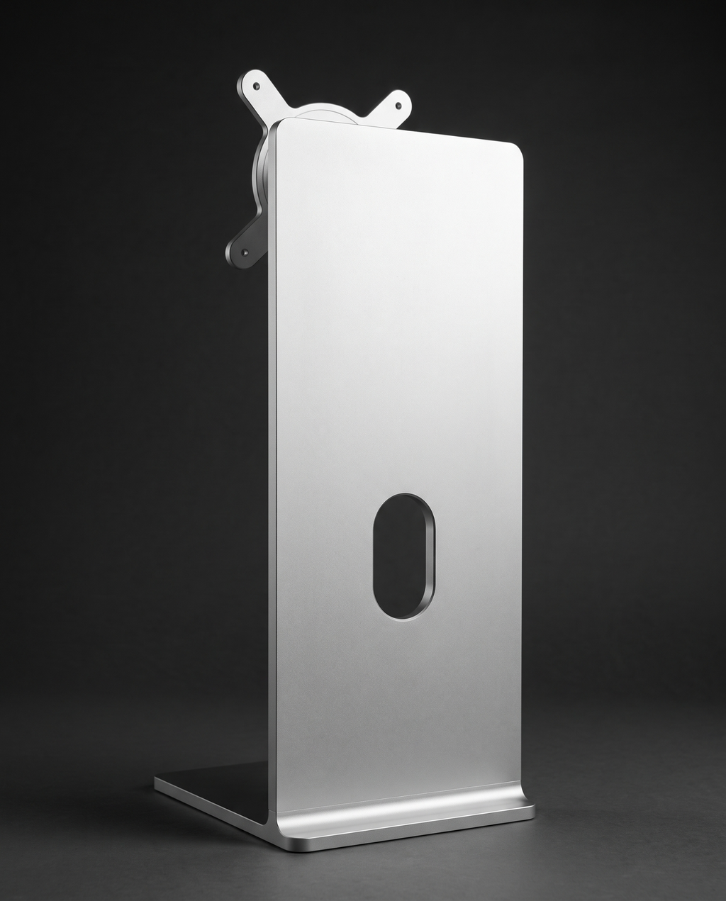 Rear view of the aluminium monitor stand column with oval cable slot