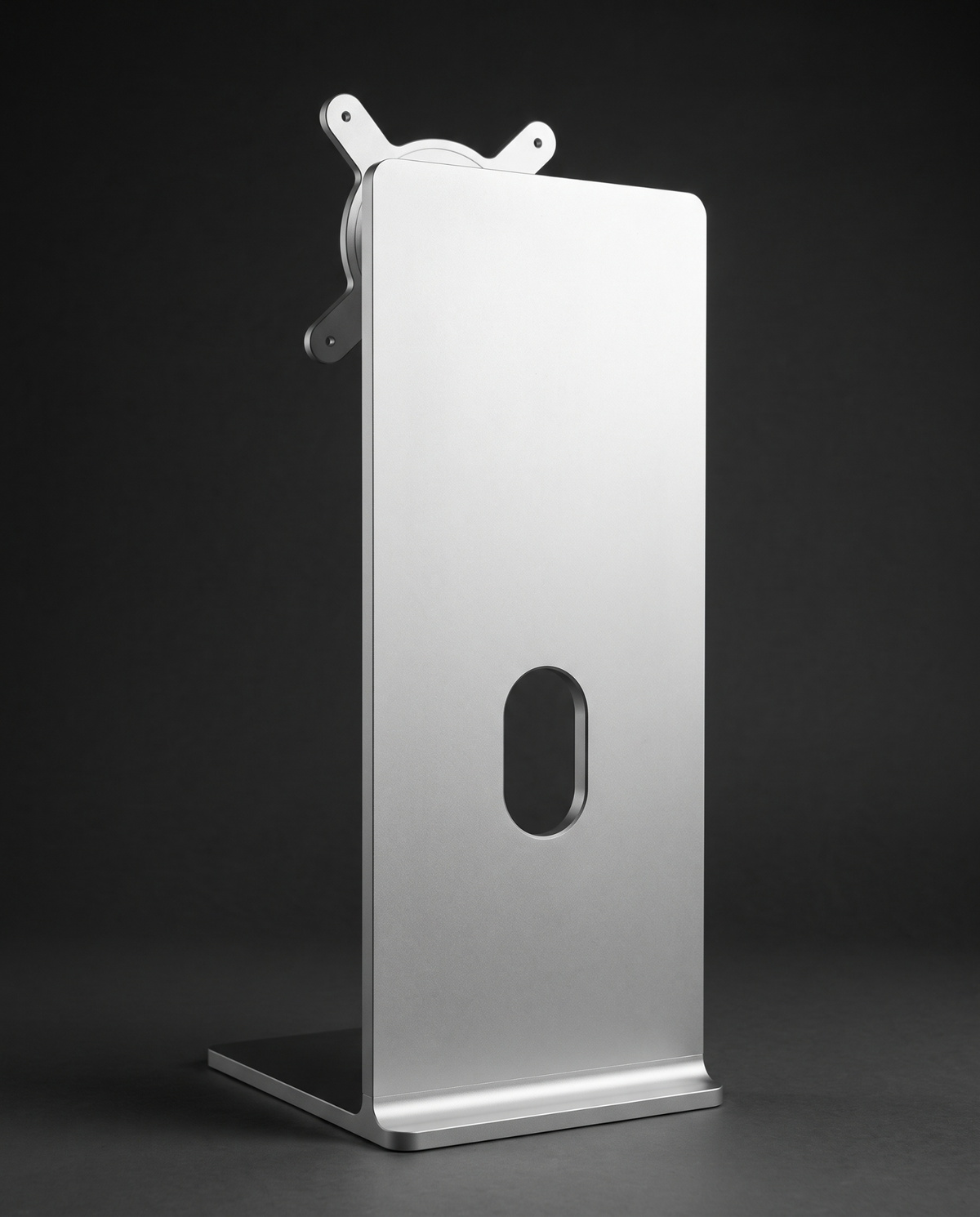 Rear view of the aluminium monitor stand column with oval cable slot
