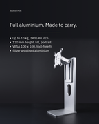Aluminium monitor stand key features: up to 10 kg, 120 mm height, tilt, portrait rotation, VESA 100 x 100