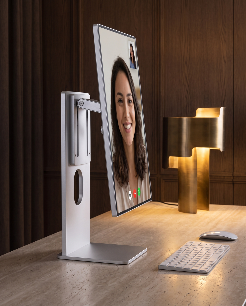 Aluminium stand holding a monitor in portrait for a video call on a travertine desk