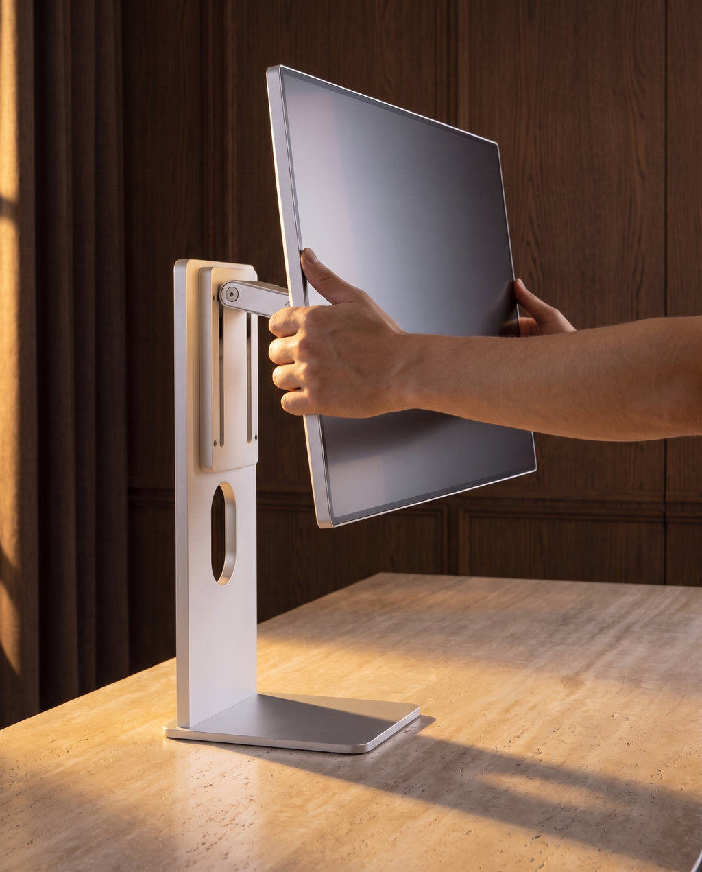 Hands tilting a monitor on the aluminium stand in a dark oak study