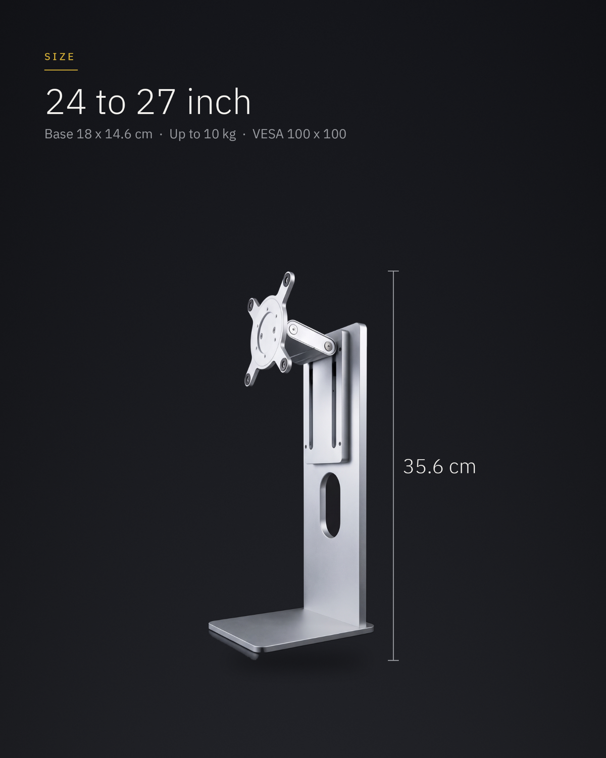Aluminium monitor stand for 24 to 27 inch screens, 35.6 cm tall, base 18 x 14.6 cm