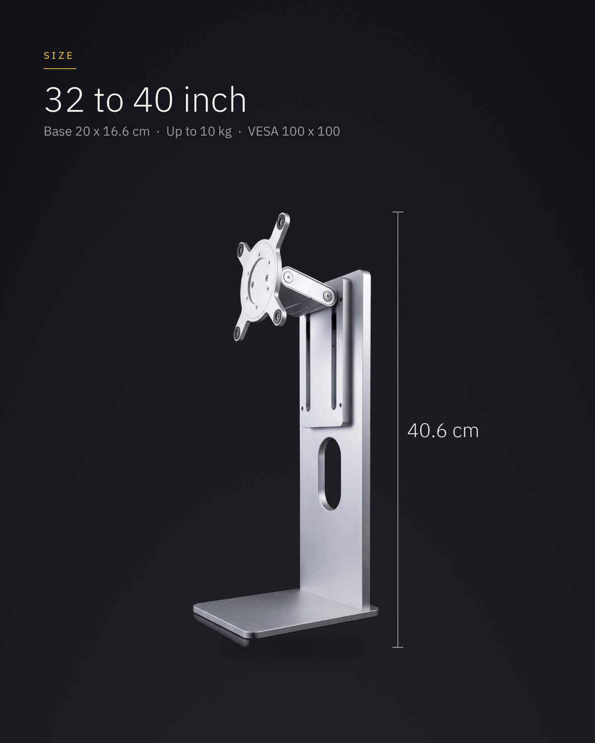 Aluminium monitor stand for 32 to 40 inch screens, 40.6 cm tall, base 20 x 16.6 cm