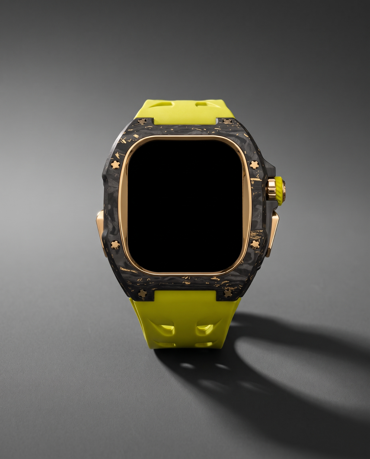Carbon fibre and titanium case kit in Chartreuse, gold plated bezel with a chartreuse crown accent on a chartreuse fluororubber strap