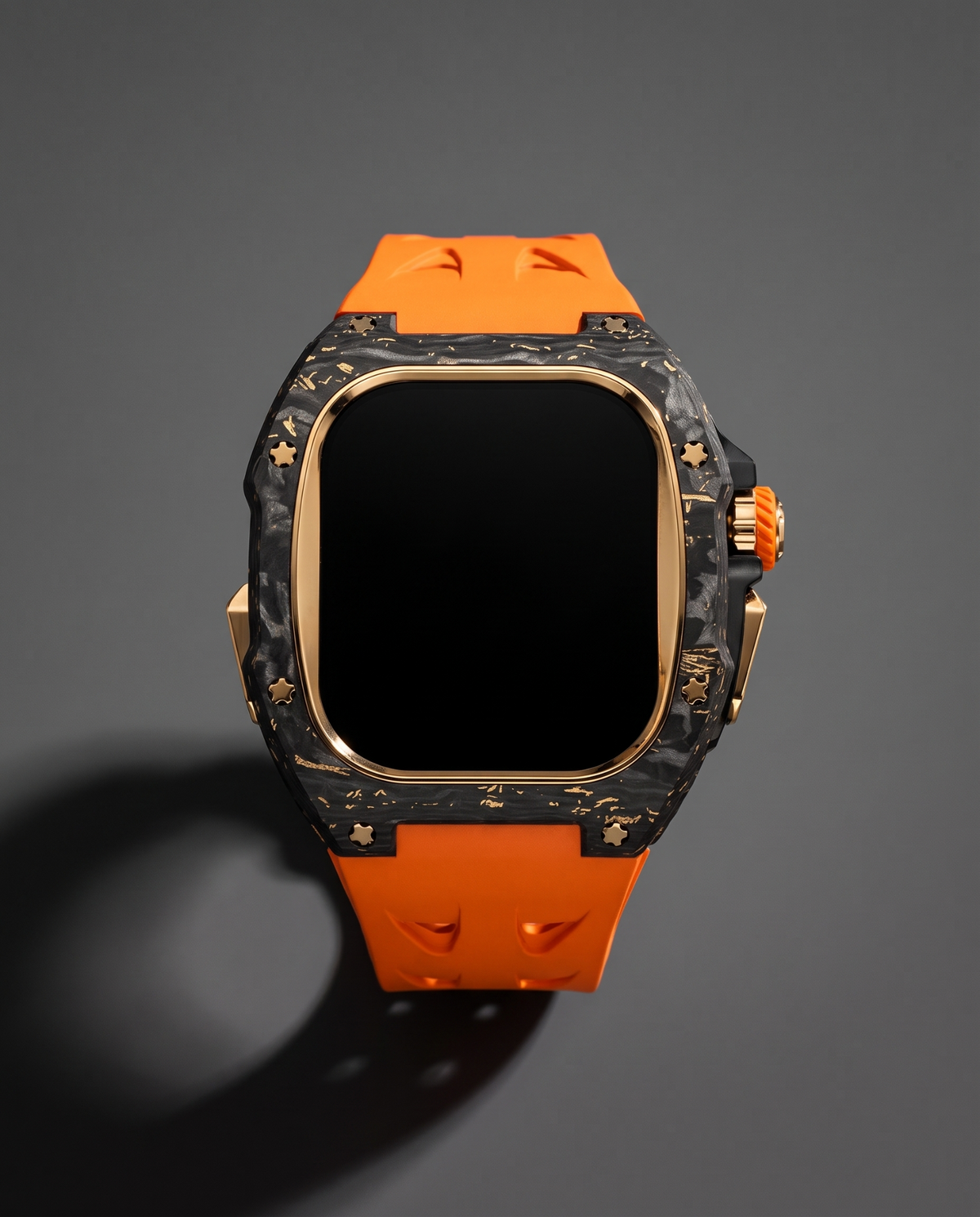 Carbon fibre and titanium case kit in Orange, gold plated bezel with an orange crown accent on an orange fluororubber strap