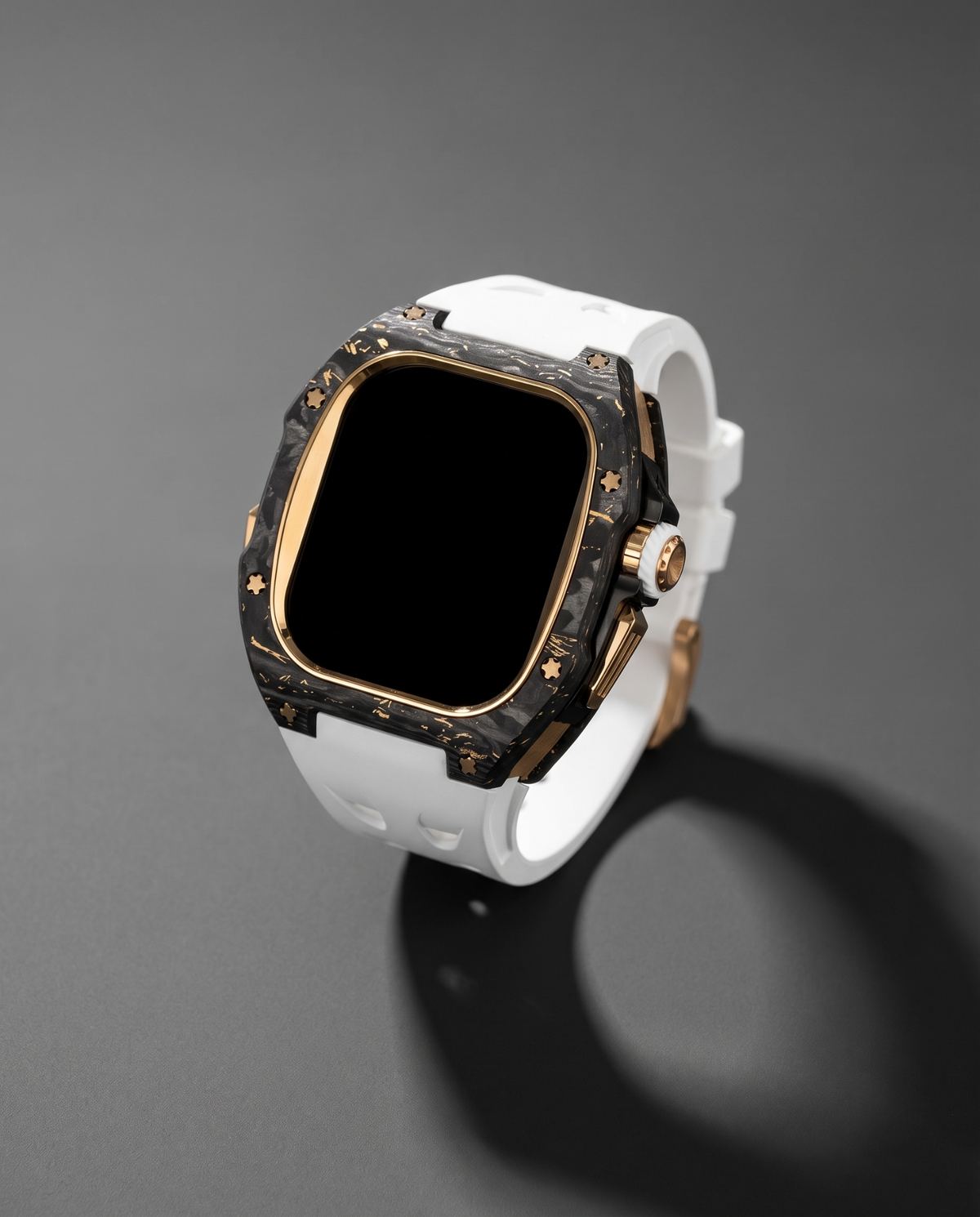 Carbon fibre and titanium case kit in White, gold plated bezel with a white crown accent on a white fluororubber strap