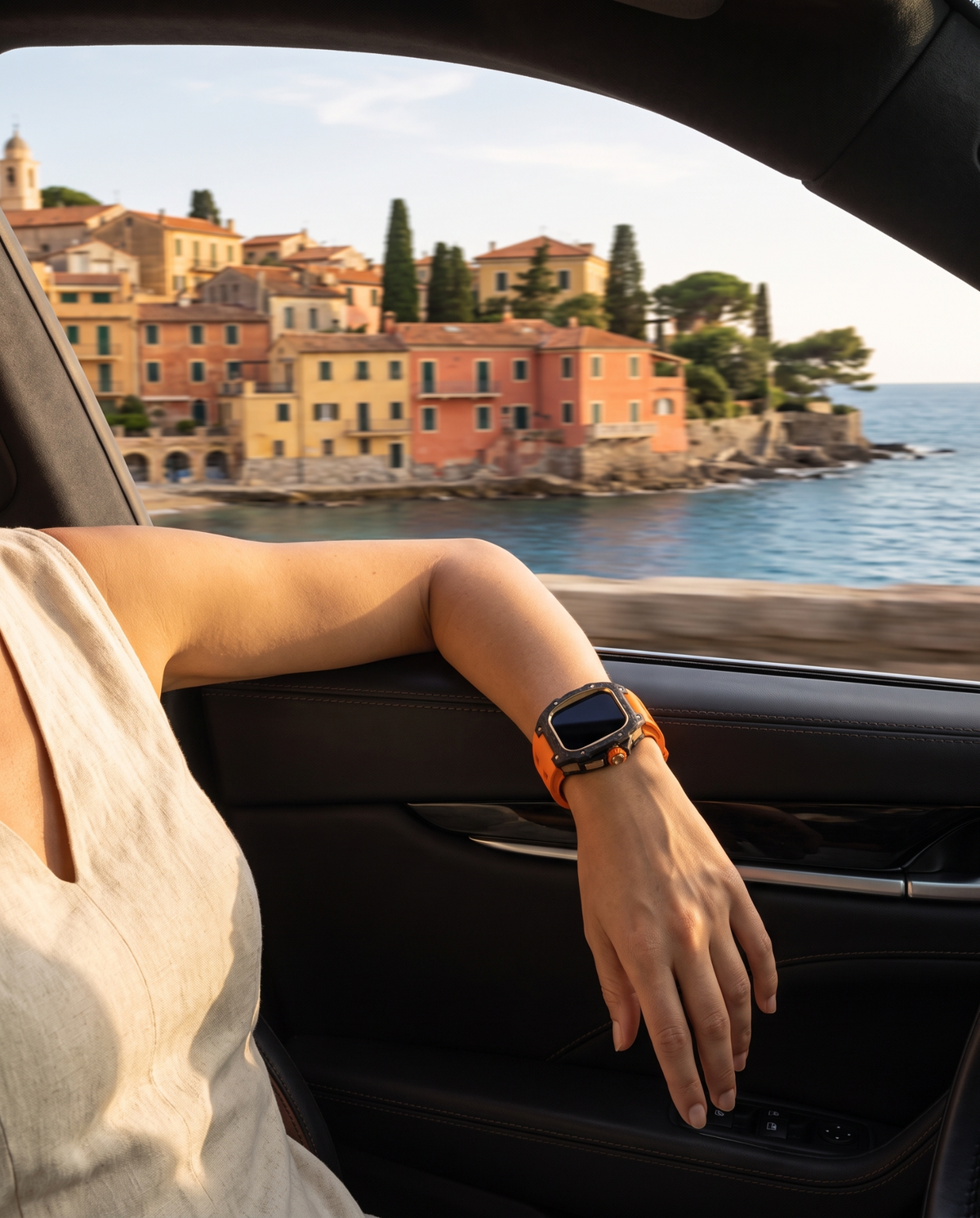 Woman wearing the case kit on an orange strap, arm resting on the open window of a car above a Mediterranean harbour