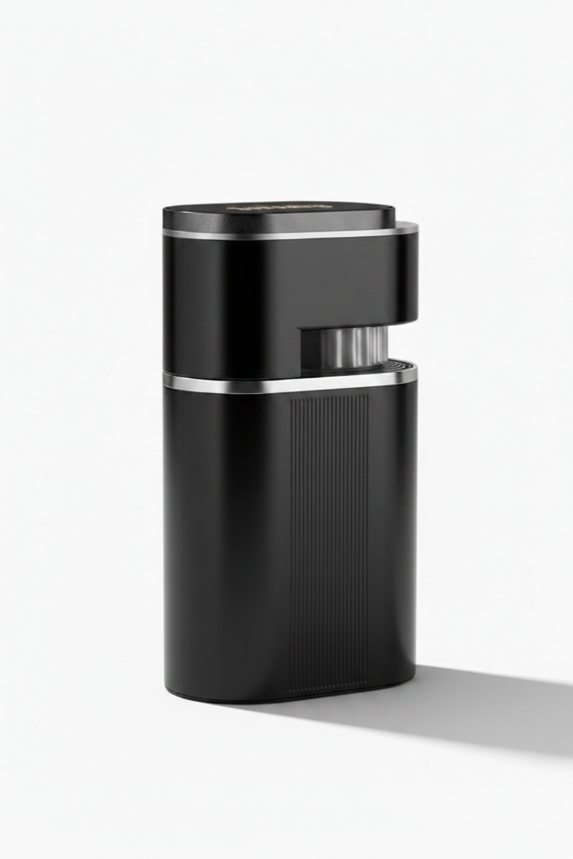 The espresso machine in black with a brushed silver accent band, standing upright