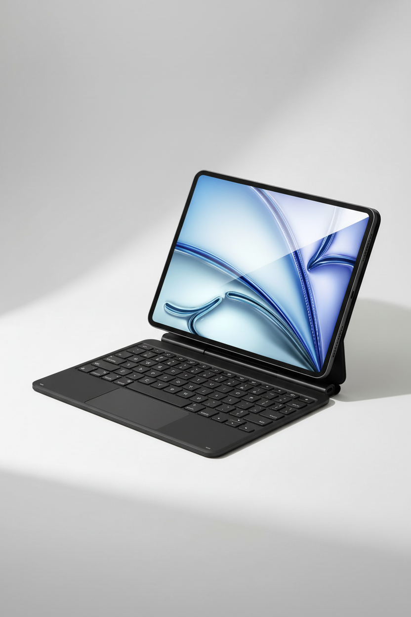 The keyboard case in black with an iPad attached, shown at an angle