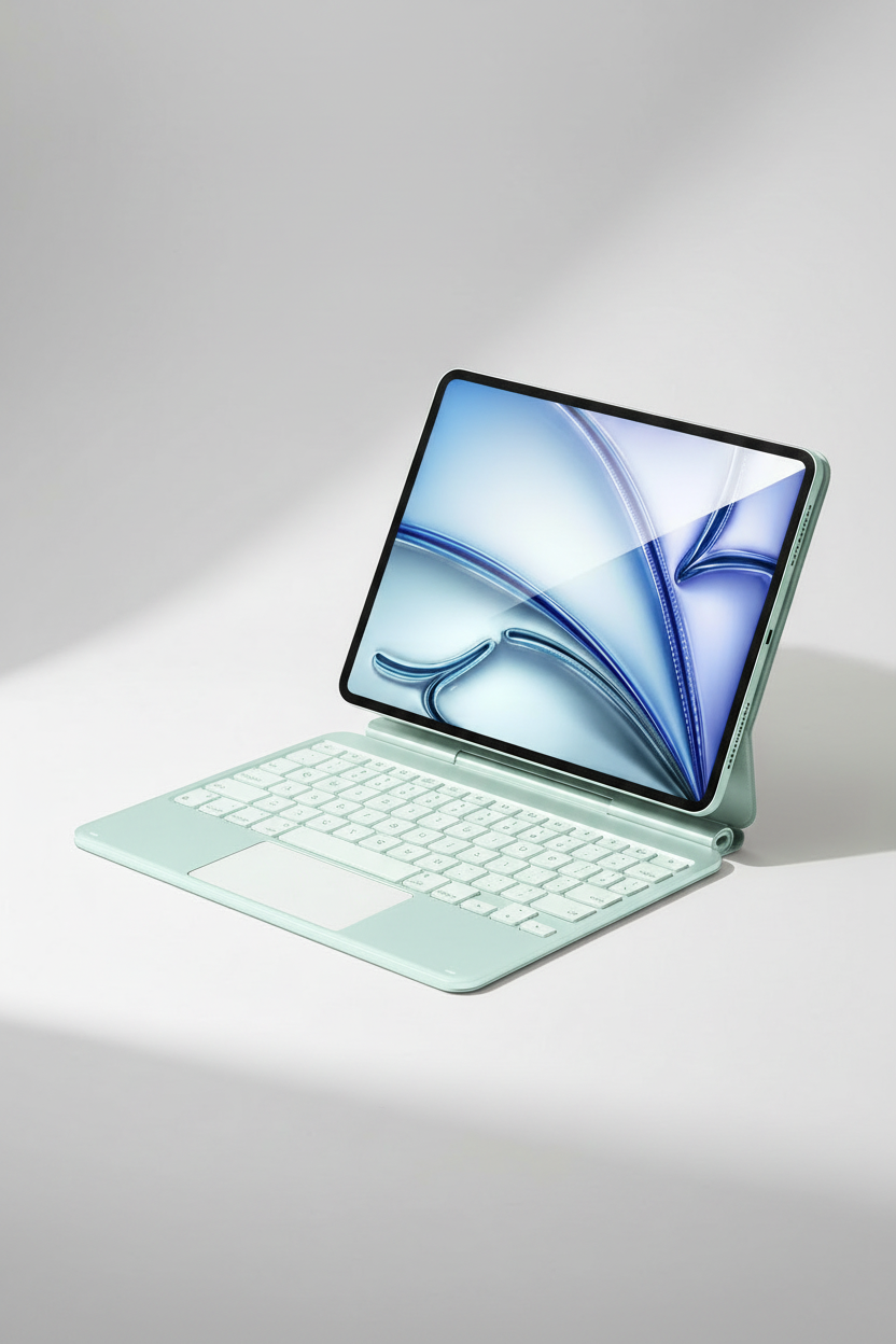 The keyboard case in mint green with its kickstand extended, holding an iPad