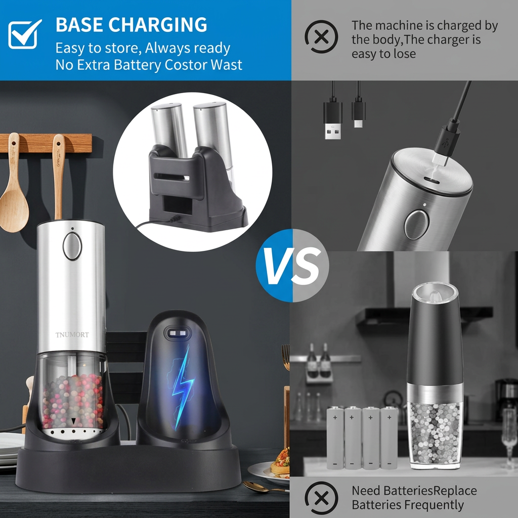 A promotional collage for an electric grinder charger and grinder. The left panel shows the grinder on its charging base with a blue text banner about base charging.