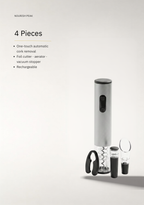 A 4-piece wine bottle opener set by Nourish Peak, featuring a metallic silver and black main cylinder with a spring-loaded lever, a glass opener tool, a small black accessory, and a glass, displayed on a clean light gray background with product features listed on the left.