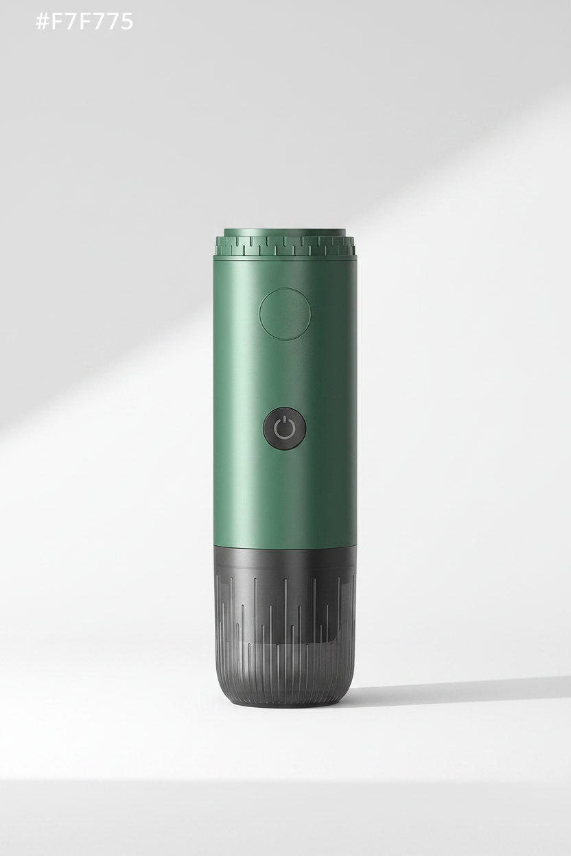 The espresso maker in dark green with its textured base, standing upright