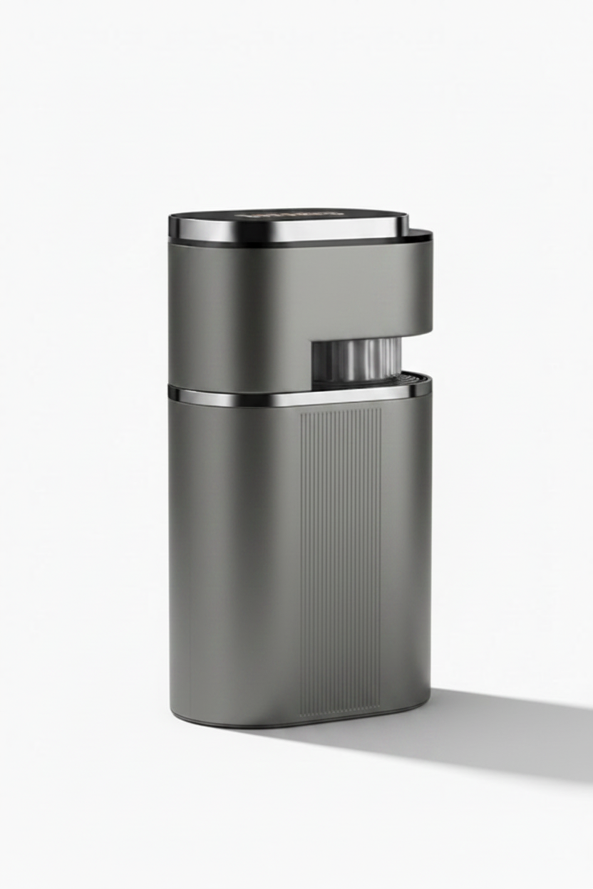 The espresso machine in dark metallic grey with polished silver accents, standing upright
